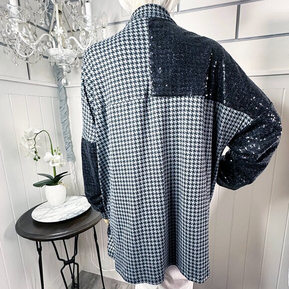 New Upscale Houndstooth and Black Sequin Fun Button up Shirt Runs big size L - Picture 3 of 9